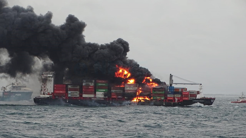 X-Press-Pearl containership on fire, side view
