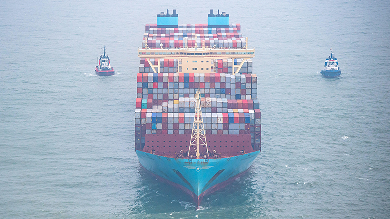 Wangerooge, Germany. 03rd Feb, 2022. The "Mumbai Maersk" lies surrounded by tugs in the North Sea. The 400-meter container ship got stuck on Wednesday evening about six kilometers north of the East Frisian island of Wangerooge. It was on its way from Rotterdam to Bremerhaven.  Image ID: 2HKAW46  Credit: Sina Schuldt/dpa/Alamy Live News