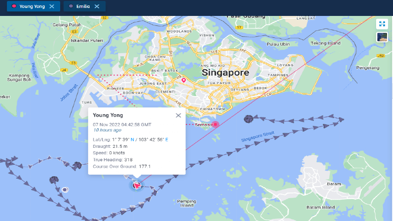 Map of grounded very large crude carrier Young Yong