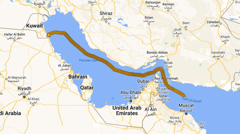 Map of route of seized tanker Advantage Sweet en route from Kuwait to Houston 