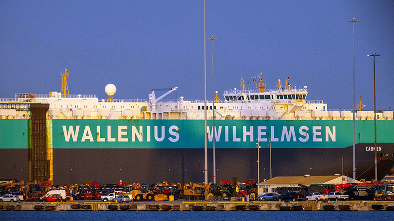 Wallenius Wilhelmsen roll-on/roll-off ship is seen at sunrise at the Port of Baltimore