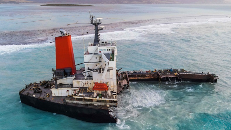 An aerial view taken in Mauritius on August 17, 2020, shows the MV Wakashio bulk carrier, belonging to a Japanese company but Panamanian-flagged, that had run aground and broke into two parts near Blue Bay Marine Park. (Photo by - / AFP) (Photo by An aerial view taken in Mauritius on August 17, 2020, shows the MV Wakashio bulk carrier, belonging to a Japanese company but Panamanian-flagged, that had run aground and broke into two parts near Blue Bay Marine Park. (Photo by - / AFP) (Photo by -/AFP via Getty Images))