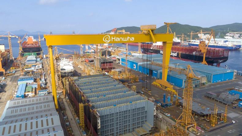 Hanwha Ocean's shipyard in Geoje, South Korea overview