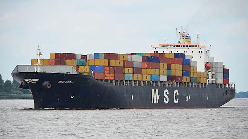 MSC containership MSC Sarah V on a river