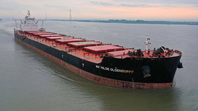 July 2021: The VLOC; very large ore carrier; Capesize Bulker; bulk carrier Mathilde Oldendorff; River Elbe. Credit: Hasenpusch Photo Productions and Agency