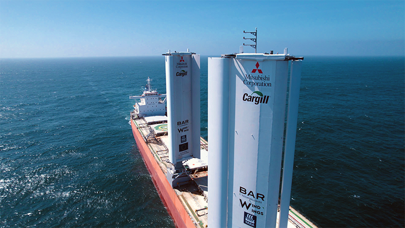 Dry bulker Pyxis Ocean with wing sails at sea