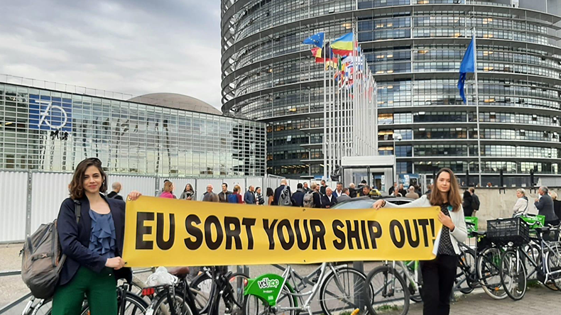 Climate activists protest in front of the European Parliament demanding tougher FuelEU Maritime rules