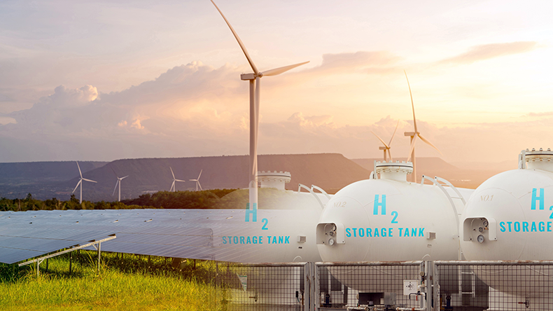 Hydrogen H2 fuel storage tank for green hydrogen with solar panel and wind turbines