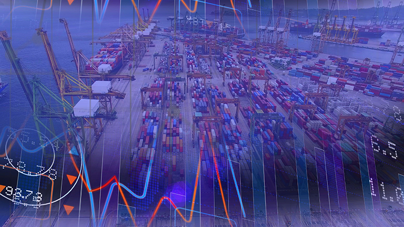 Composition of a big seaport with colour graphics