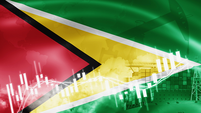Guyana flag with oil production and containership overlay