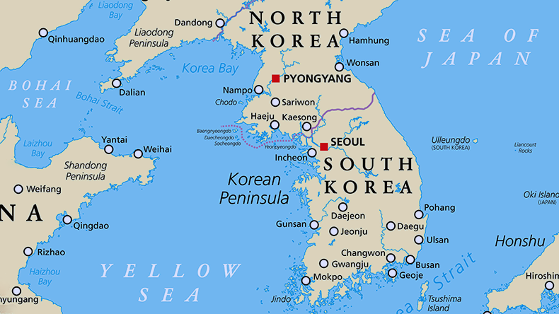 Korean Peninsula region, political map divided between the two countries of North and South Korea