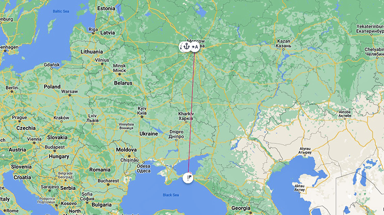 Map showing example of ship jamming from Crimea to Moscow