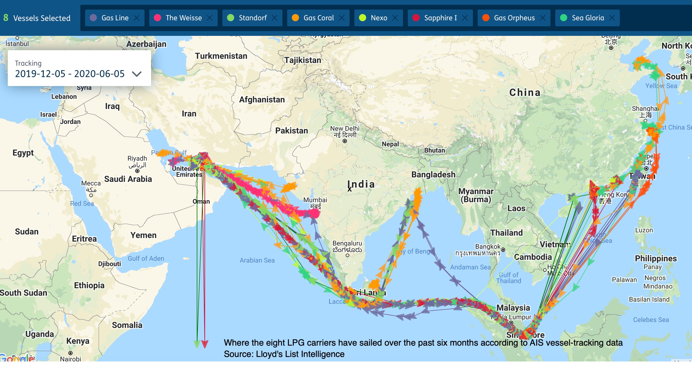 Eight LPG carriers sailing routes