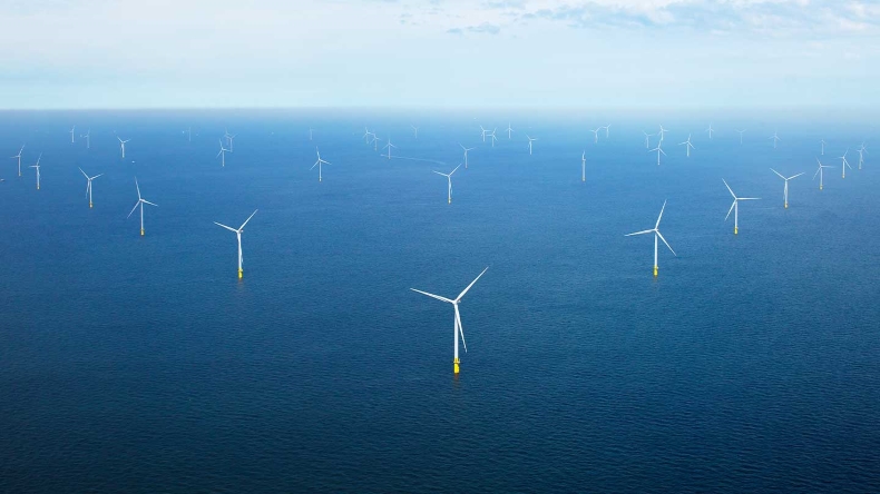 Aerial view of large offshore wind farm