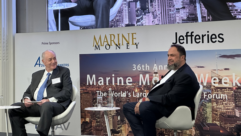 Evangelos Marinakis with Michael Tusiani at Marine Money NY 2024