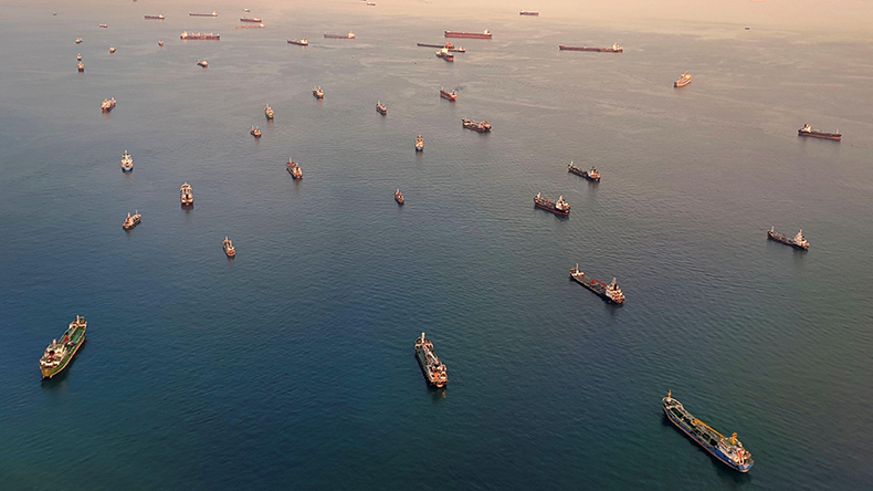 Singapore Strait with many tankers in 2019 