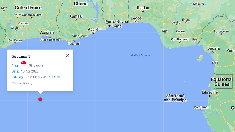 Singapore-flagged 6,135 dwt Success 9 ship was hijacked off the Ivory Coast