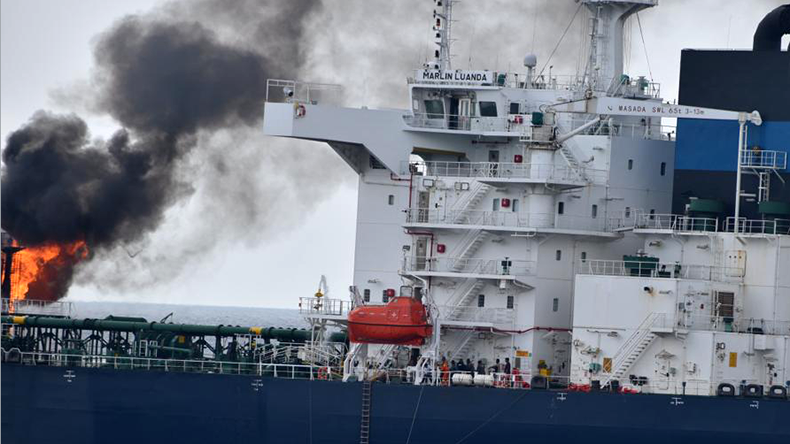 Product tanker Marlin Luanda on fire with crewing fighting fire