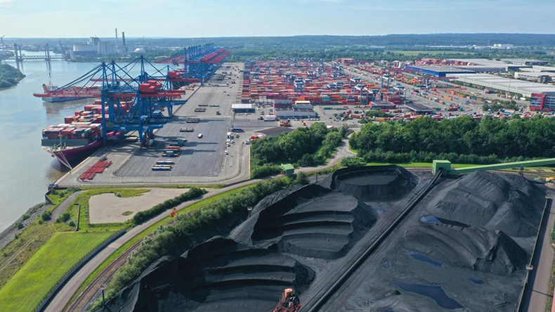July 2020: Container Terminal Altenwerder (CTA), Hamburg, Germany. Hansaport coal and ore terminal, and CTA, Hamburg 