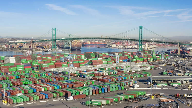 Containers stacked at Long Beach port, San Pedro Bay