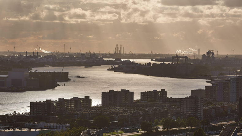Rotterdam port at dusk, from the Euromast. Credit Desintegrator / Alamy Stock Photo