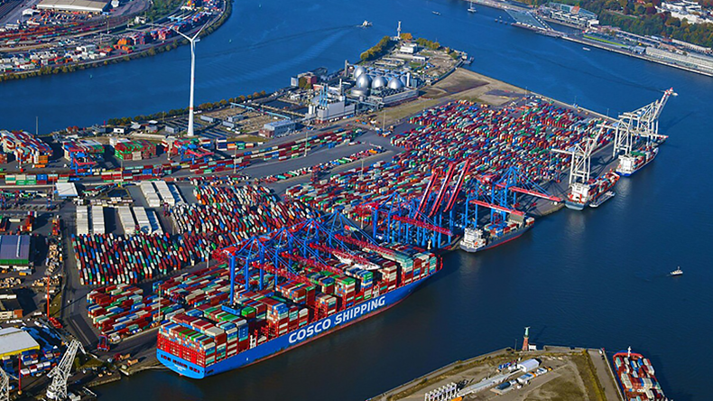 Aerial view of Container Terminal Tollerort in Hamburg with Cosco containership unloading