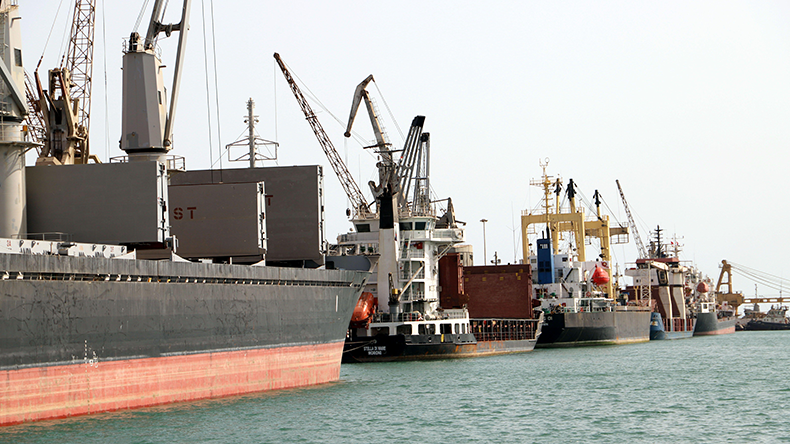 Ships are seen docked at the Hodeidah port in Yemen