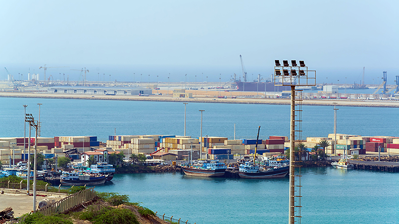 Panorama view from the international port of Shahid Beheshti in Chabahar with general cargoships