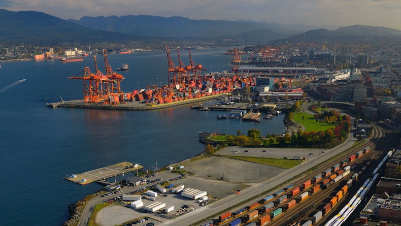 Vancouver port overview with rail yard in foreground