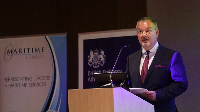 British ambassador Matthew Lodge speaking a Posidonia 2024
