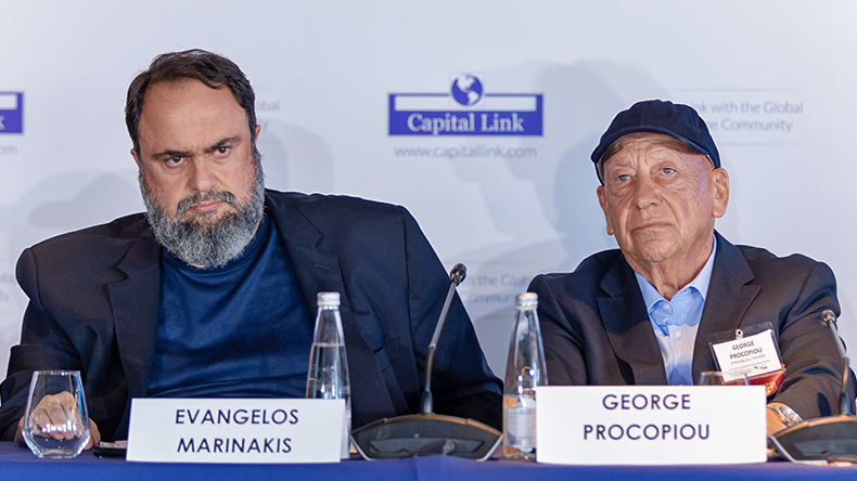 Headshots of Greek shipping CEOs Marinakis and Procopiou