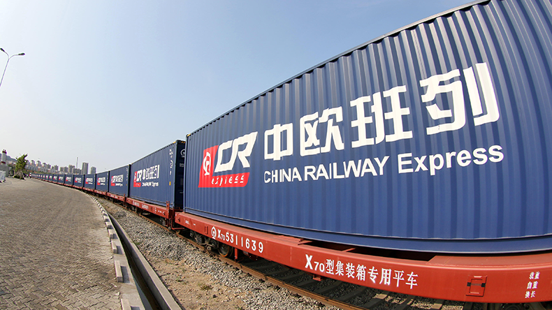 The first freight train of China Railway Express running from Weihai to Duisburg is pictured before departing from the Weihai port in Weihai
