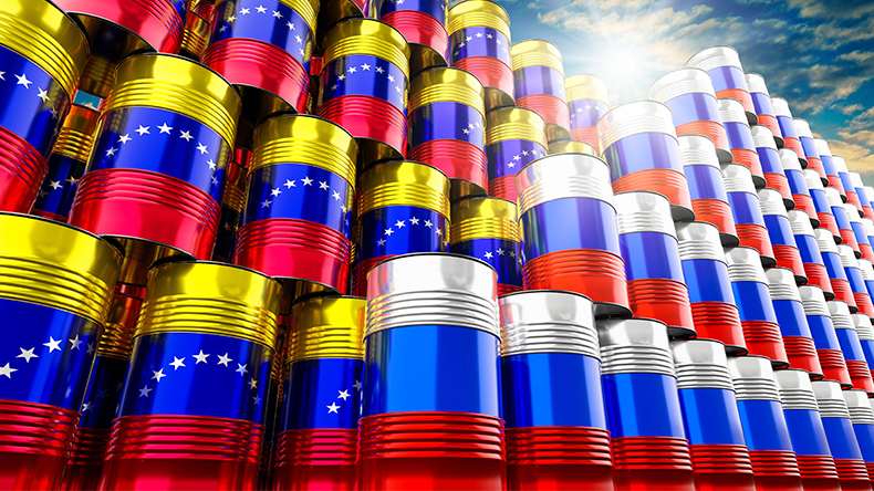 Oil barrels with flags of Russia and Venezuela