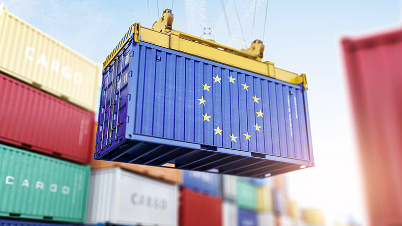 Cargo shipping container with EU flag in a port