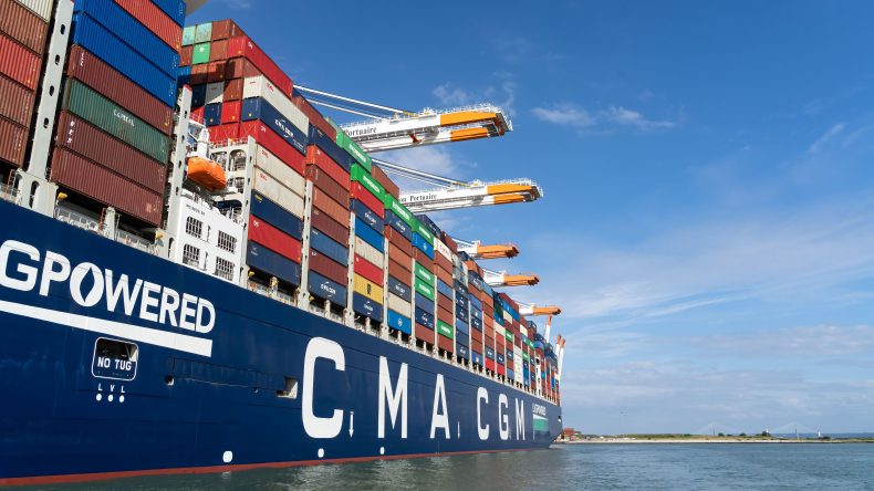 July 29, 2021: LNG ultra large and modern containership of the french shipping major CMA CGM in the harbour of Le Havre.