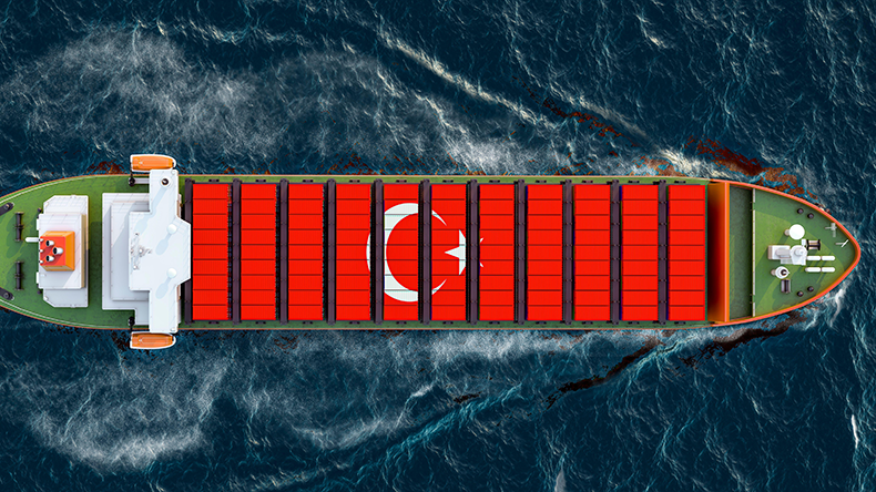 Containership with Turkish flag on cargo 3D rendering 