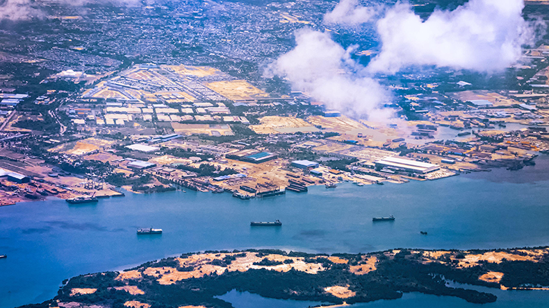 Aerial view of coastal construction or port areas in Strait of Malacca