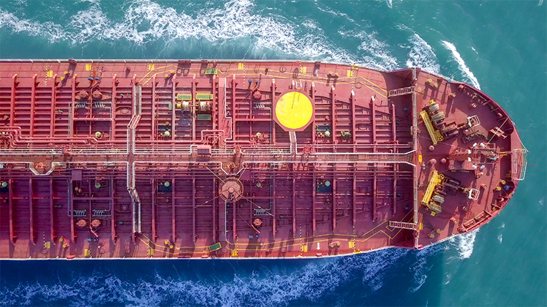 Aerial view of oil tanker at sea