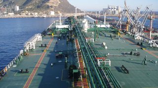 View down deck of suezmax tanker