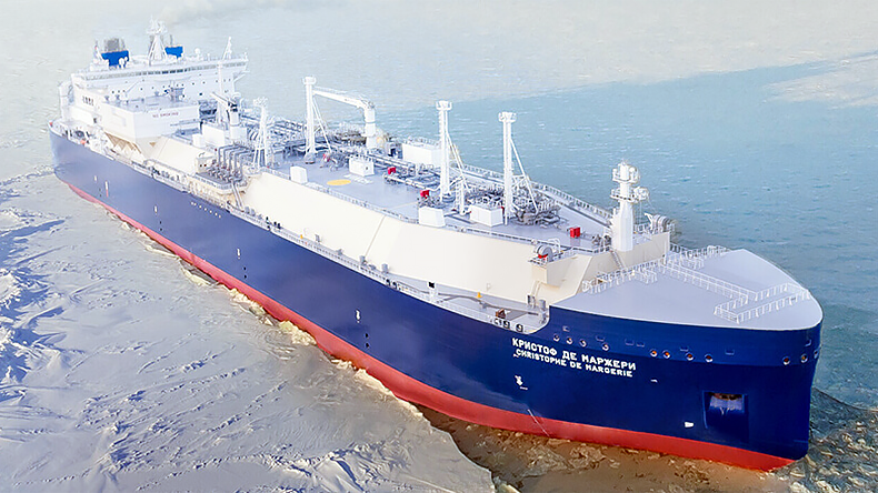 Hanwha Ocean’s ice-breaking LNG carrier in icy sea.