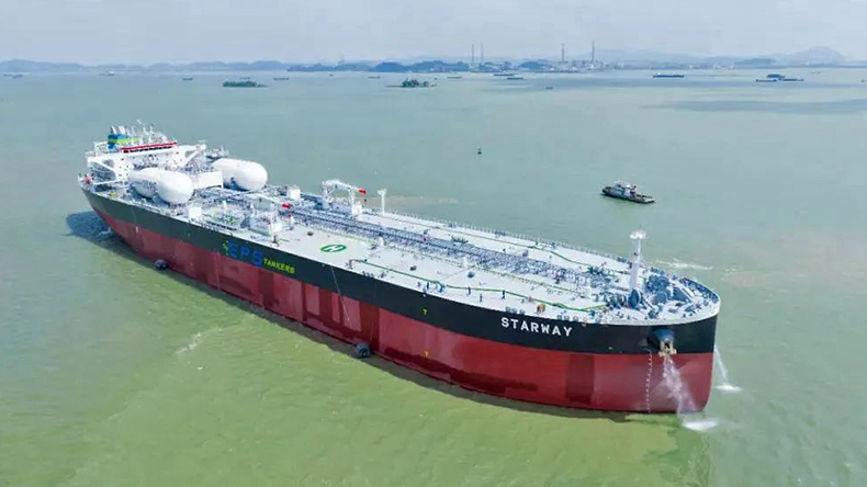 LNG dual-fuel tanker leaving port