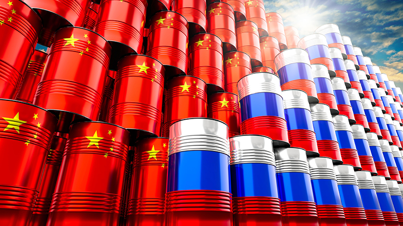 Oil barrels with flags of Russia and China - 3D illustration