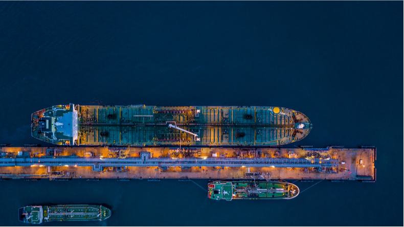 Aerial view of oil tankers at port