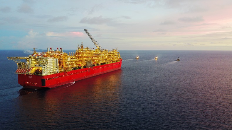 Wide shot of Prelude FLNG being towed to Australia
