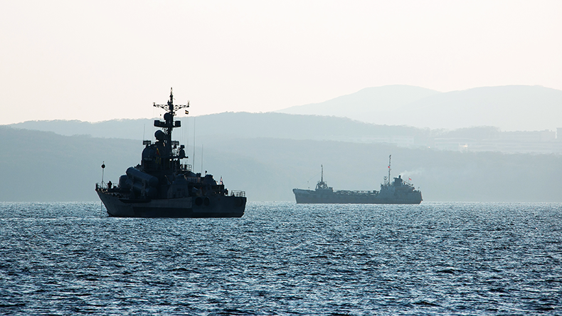 Russian navy ship with tanker