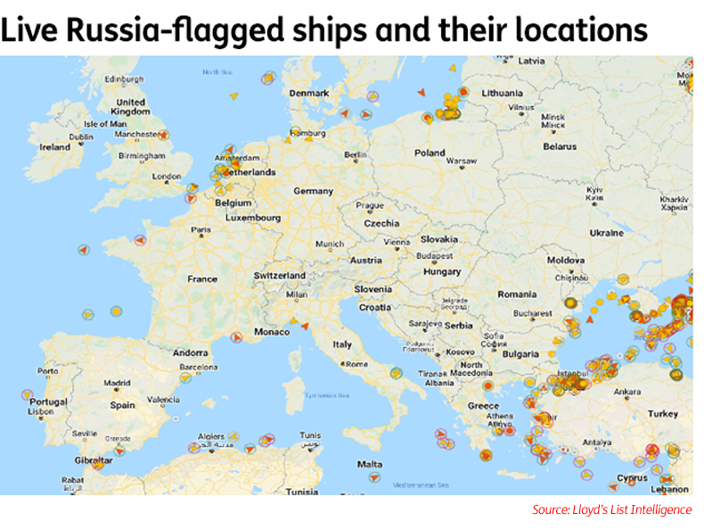 Russia-flagged ships and their locations 27 April 2022