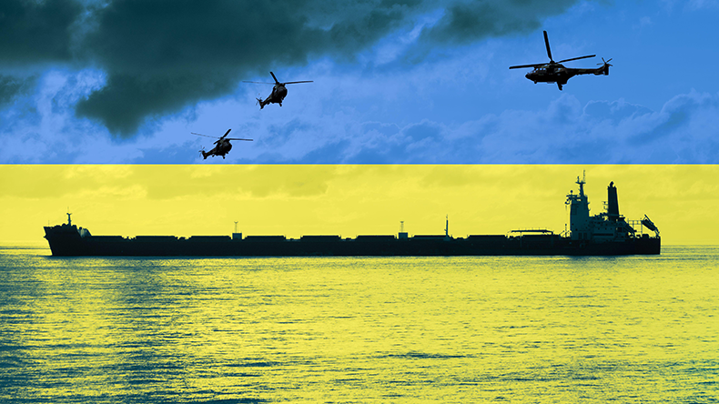 Bulk cargo ship and military helicopters overlayed with flag of Ukraine