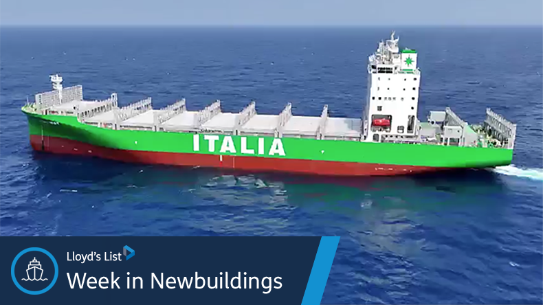 Newbuilding containership at sea